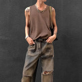 Hearujoy Vintage Striped Ribbed Tank Tops Men Streetwear Fashion Solid Color O Neck Sleeveless Vest For Mens Summer Casual Slim Camisoles